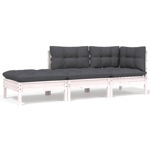 3-Piece Garden Lounge Set with Cushions White Solid Pinewood - Image 2