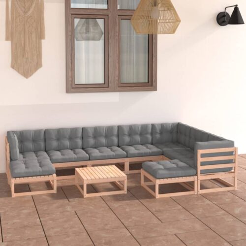 10-Piece Garden Lounge Set with Cushions Pine Wood Outdoor Patio Furniture - Image 2