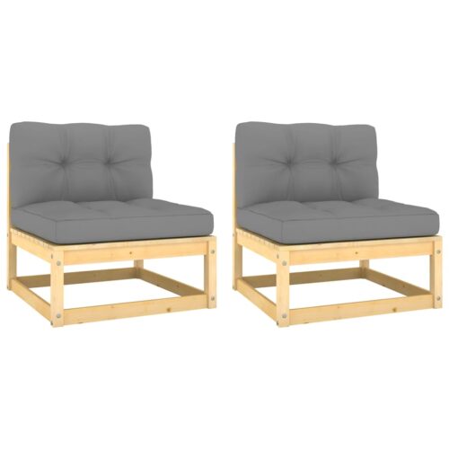 Garden Middle Sofas with Grey Cushions 2pcs Solid Pinewood