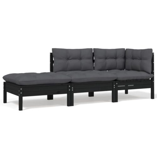 3-Piece Garden Lounge Set with Cushions Black Solid Pinewood - Image 2