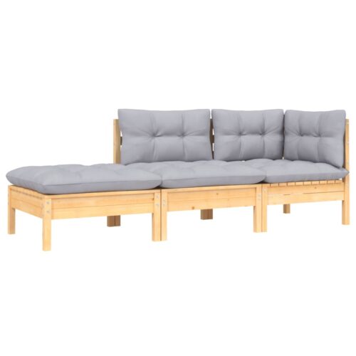 3-Piece Garden Lounge Set with Grey Cushions Solid Pinewood