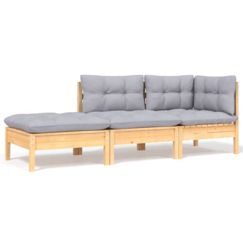 3-Piece Garden Lounge Set with Grey Cushions Solid Pinewood - Image 2