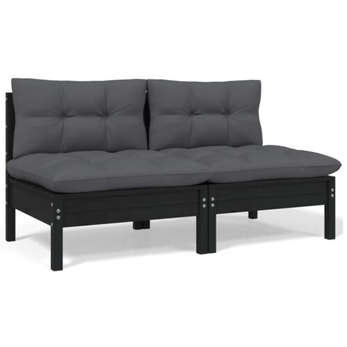 2-Seater Garden Sofa with Cushions Black Solid Pinewood - Image 2
