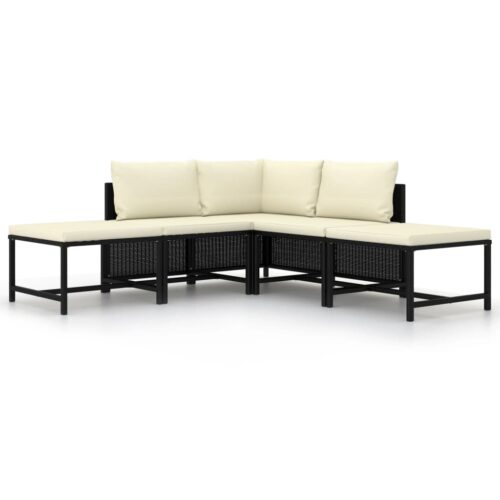 5-Piece Garden Sofa Set with Cushions Black Poly Rattan - Image 2