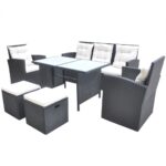 6-Piece Outdoor Dining Set with Cushions Poly Rattan Wicker Outdoor Patio Furniture Black