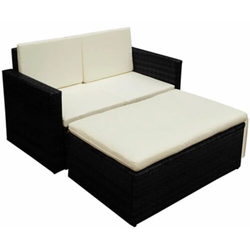 2-Piece Garden Lounge Set with Cushions Poly Rattan Wicker Outdoor Patio Furniture Black - Image 2