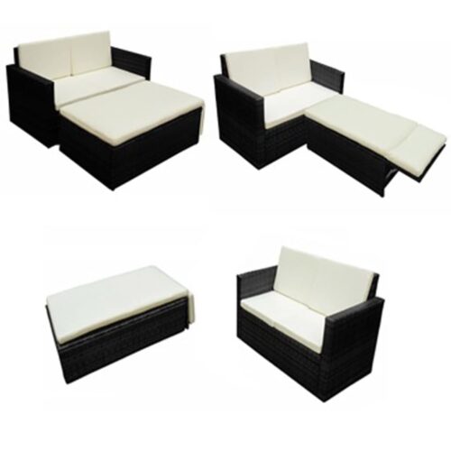 2-Piece Garden Lounge Set with Cushions Poly Rattan Wicker Outdoor Patio Furniture Black - Image 4
