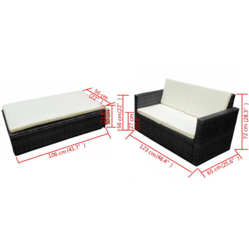 2-Piece Garden Lounge Set with Cushions Poly Rattan Wicker Outdoor Patio Furniture Black - Image 7