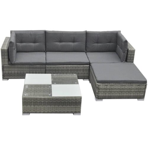 5-Piece Garden Lounge Set with Cushions Poly Rattan Wicker Outdoor Patio Furniture Grey - Image 3
