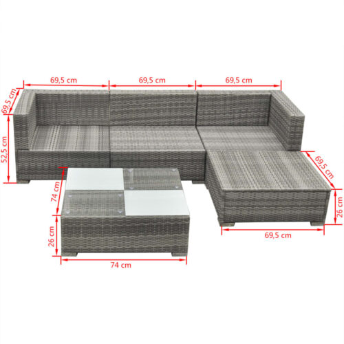 5-Piece Garden Lounge Set with Cushions Poly Rattan Wicker Outdoor Patio Furniture Grey - Image 8