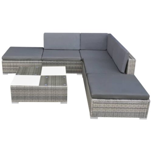 6-Piece Garden Lounge Set with Cushions Poly Rattan Wicker Outdoor Patio Furniture Grey - Image 3