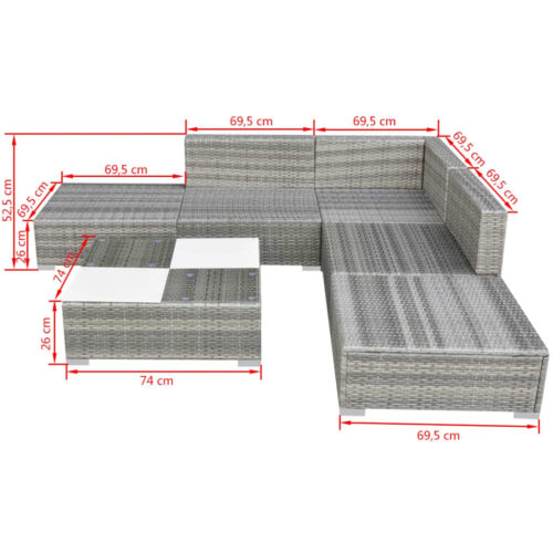 6-Piece Garden Lounge Set with Cushions Poly Rattan Wicker Outdoor Patio Furniture Grey - Image 6