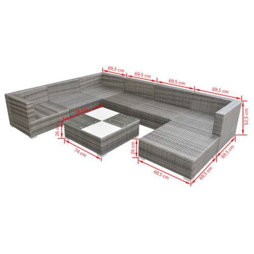 8-Piece Garden Lounge Set with Cushions Poly Rattan Wicker Outdoor Patio Furniture Grey - Image 5
