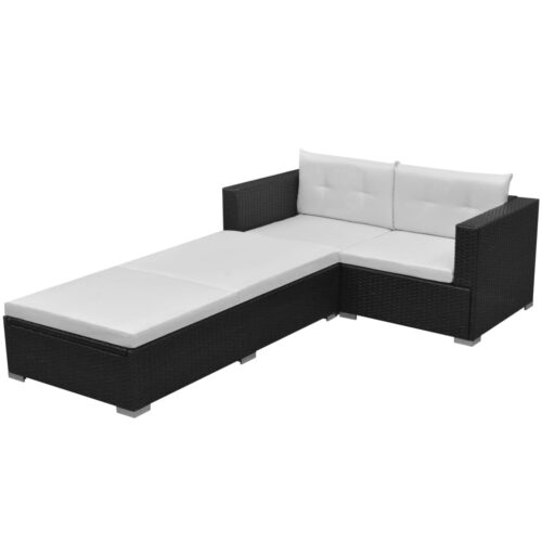 3-Piece Garden Lounge Set with Cushions Poly Rattan Wicker Outdoor Patio Furniture Black