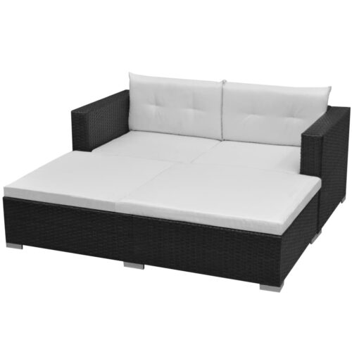 3-Piece Garden Lounge Set with Cushions Poly Rattan Wicker Outdoor Patio Furniture Black - Image 3