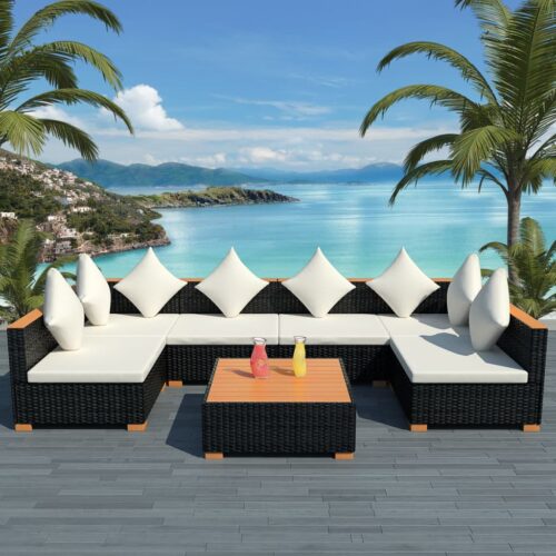 7-Piece Garden Lounge Set with Cushions Poly Rattan Wicker Outdoor Patio Furniture Black - Image 2