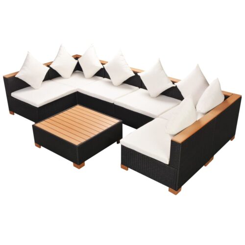7-Piece Garden Lounge Set with Cushions Poly Rattan Wicker Outdoor Patio Furniture Black - Image 4