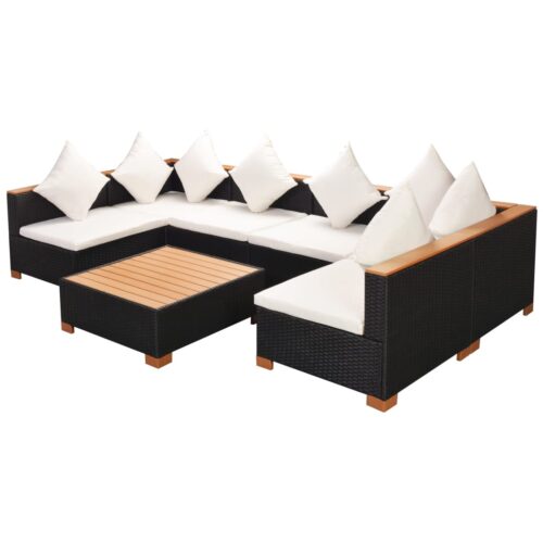 7-Piece Garden Lounge Set with Cushions Poly Rattan Wicker Outdoor Patio Furniture Black - Image 5