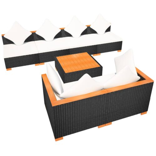 7-Piece Garden Lounge Set with Cushions Poly Rattan Wicker Outdoor Patio Furniture Black - Image 7