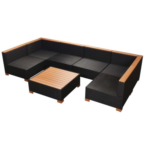 7-Piece Garden Lounge Set with Cushions Poly Rattan Wicker Outdoor Patio Furniture Black - Image 10