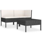 3-Piece Garden Lounge Set with Cushions Poly Rattan Wicker Outdoor Patio Furniture Black