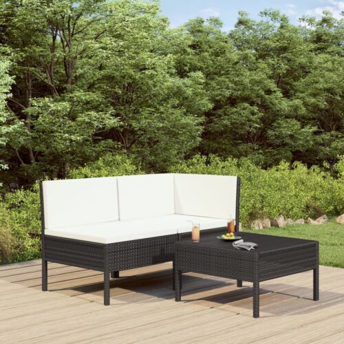 3-Piece Garden Lounge Set with Cushions Poly Rattan Wicker Outdoor Patio Furniture Black - Image 2