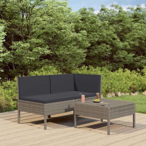 3-Piece Garden Lounge Set with Cushions Poly Rattan Wicker Outdoor Patio Furniture Black - Image 2