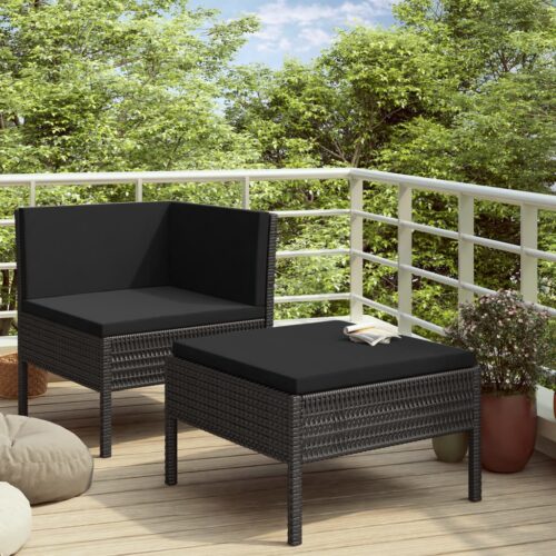 2-Piece Garden Lounge Set with Cushions Poly Rattan Wicker Outdoor Patio Furniture Black - Image 2