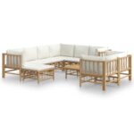 10-Piece Garden Lounge Set with Cream White Cushions Bamboo