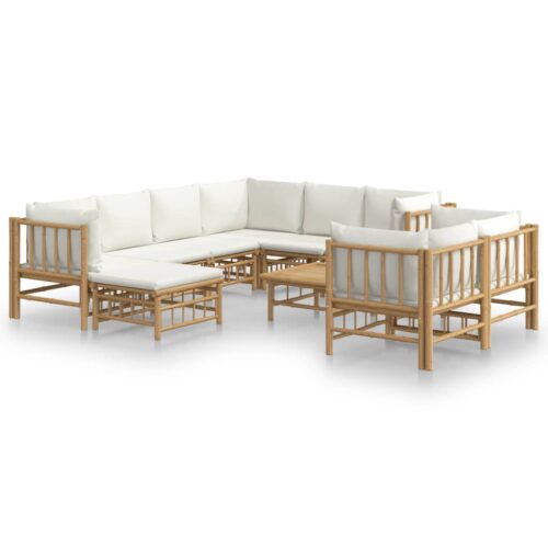 10-Piece Garden Lounge Set with Cream White Cushions Bamboo