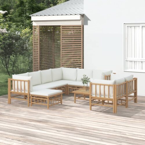 10-Piece Garden Lounge Set with Cream White Cushions Bamboo - Image 2
