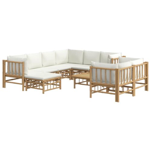 10-Piece Garden Lounge Set with Cream White Cushions Bamboo - Image 3