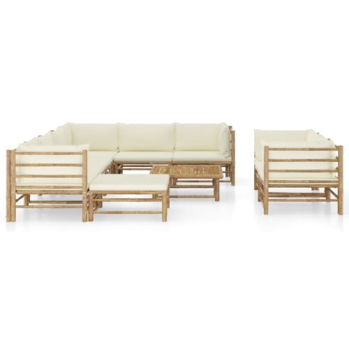 10-Piece Garden Lounge Set with Cream White Cushions Bamboo - Image 2