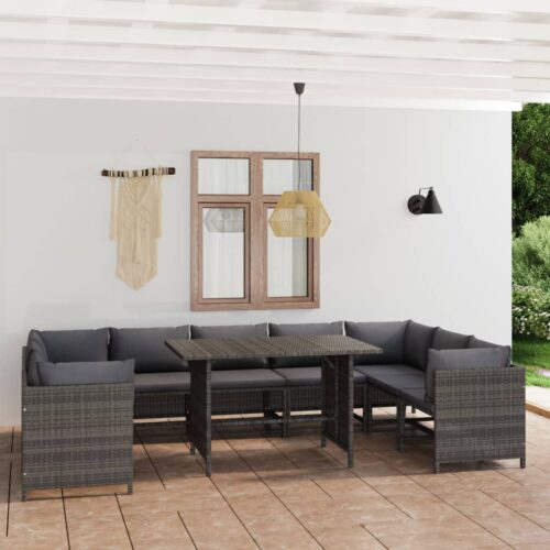 10-Piece Garden Lounge Set with Cushions Poly Rattan Wicker Outdoor Patio Furniture Grey - Image 2