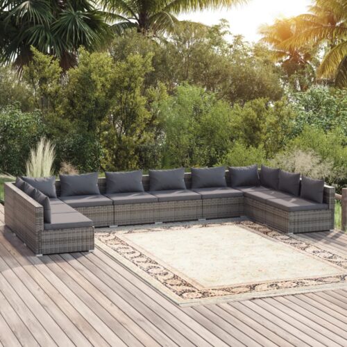 10-Piece Garden Lounge Set with Cushions Poly Rattan Wicker Outdoor Patio Furniture Grey - Image 2