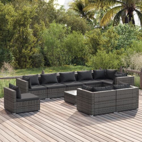 10-Piece Garden Lounge Set with Cushions Poly Rattan Wicker Outdoor Patio Furniture Grey - Image 2