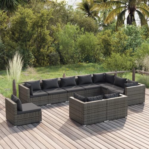 10-Piece Garden Lounge Set with Cushions Poly Rattan Wicker Outdoor Patio Furniture Grey - Image 2