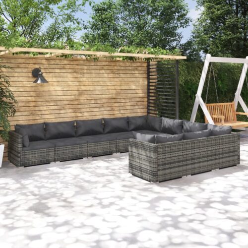 10-Piece Garden Lounge Set with Cushions Poly Rattan Wicker Outdoor Patio Furniture Grey - Image 2