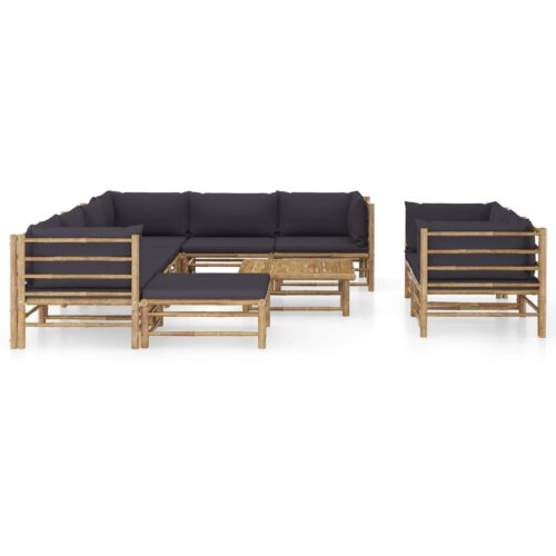 10-Piece Garden Lounge Set with Dark Grey Cushions Bamboo - Image 2