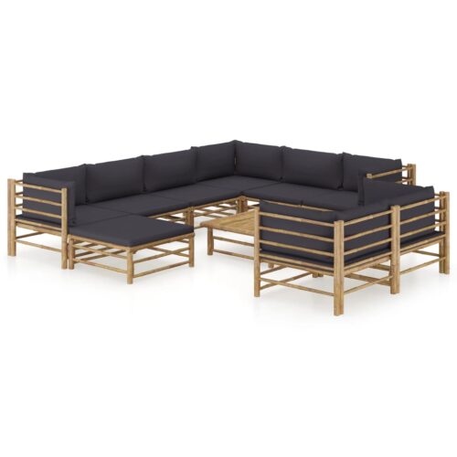 10-Piece Garden Lounge Set with Dark Grey Cushions Bamboo