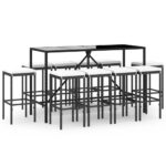 11-Piece Garden Bar Set with Cushions Black Poly Rattan Wicker Outdoor Patio Furniture