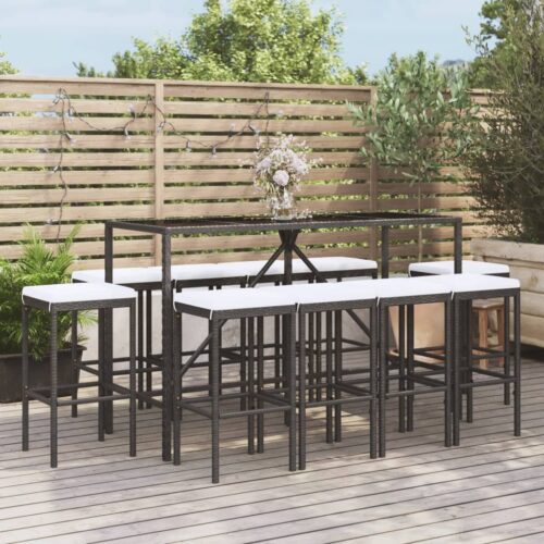 11-Piece Garden Bar Set with Cushions Black Poly Rattan Wicker Outdoor Patio Furniture - Image 2