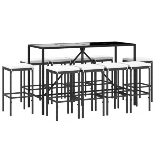 11-Piece Garden Bar Set with Cushions Black Poly Rattan Wicker Outdoor Patio Furniture - Image 3
