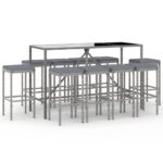 11-Piece Garden Bar Set with Cushions Grey Poly Rattan Wicker Outdoor Patio Furniture