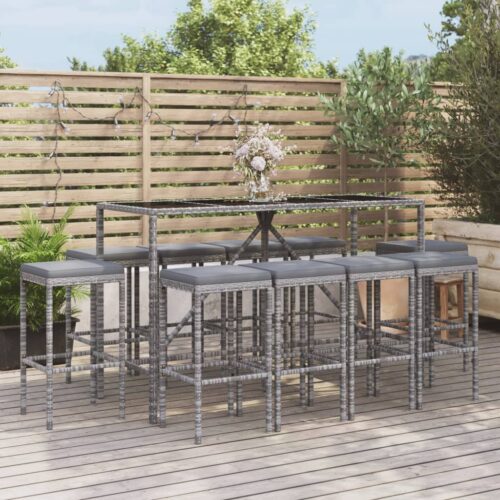 11-Piece Garden Bar Set with Cushions Grey Poly Rattan Wicker Outdoor Patio Furniture - Image 2