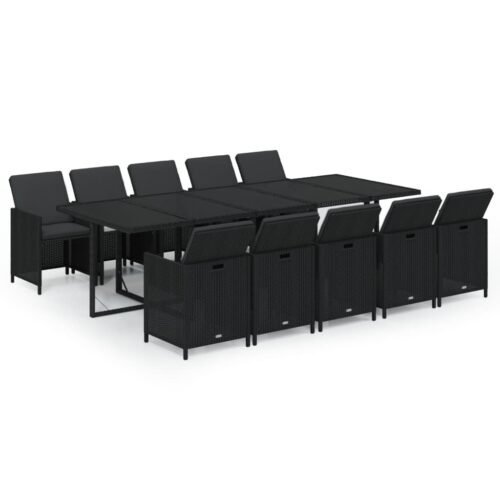 11-Piece Garden Dining Set with Cushions Poly Rattan Wicker Outdoor Patio Furniture Black