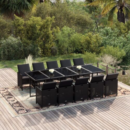 11-Piece Garden Dining Set with Cushions Poly Rattan Wicker Outdoor Patio Furniture Black - Image 2