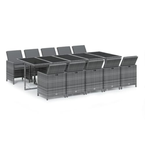 11-Piece Garden Dining Set with Cushions Poly Rattan Wicker Outdoor Patio Furniture Grey