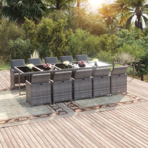 11-Piece Garden Dining Set with Cushions Poly Rattan Wicker Outdoor Patio Furniture Grey - Image 2