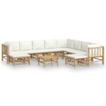11-Piece Garden Lounge Set with Cream White Cushions Bamboo